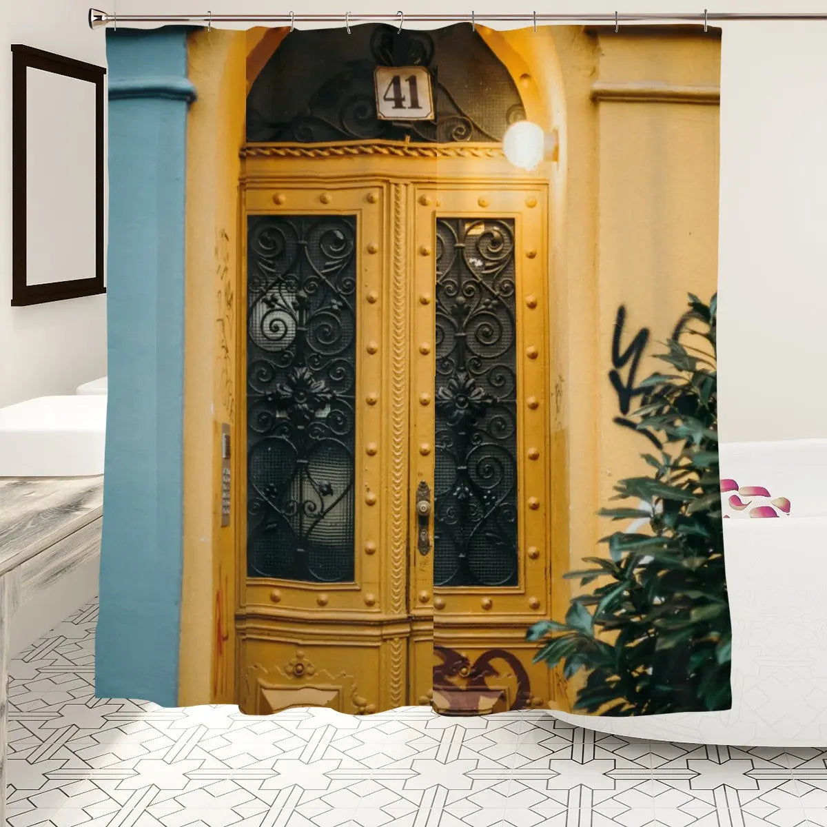 Vintage Yellow Door Shower Curtain Sandy Beach
