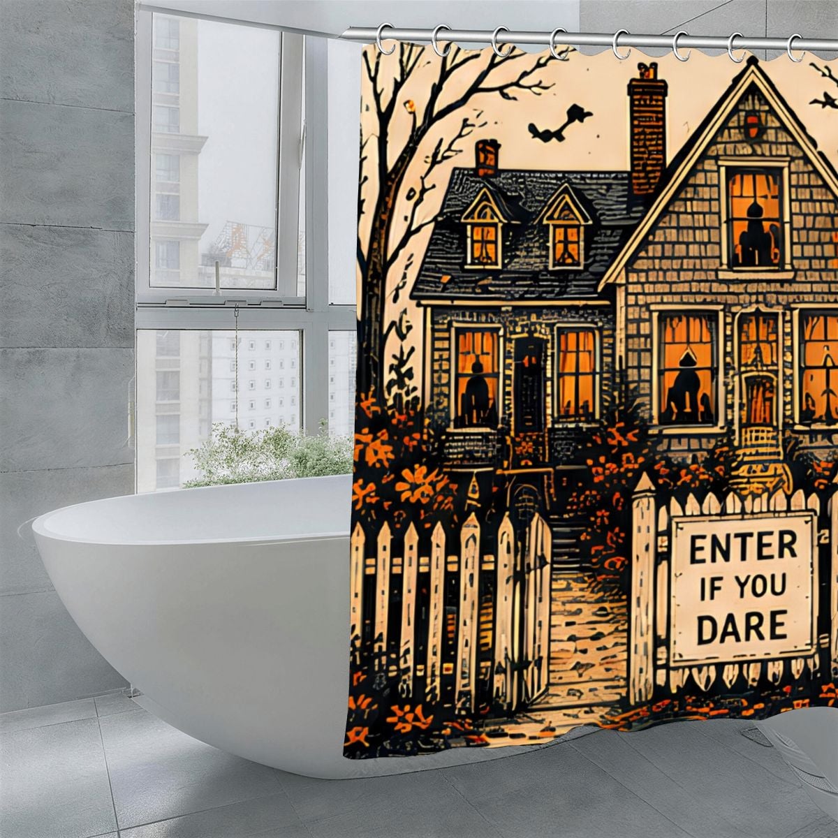 Spooky haunted house shower curtain with a white picket fence and 'Enter If You Dare' sign.