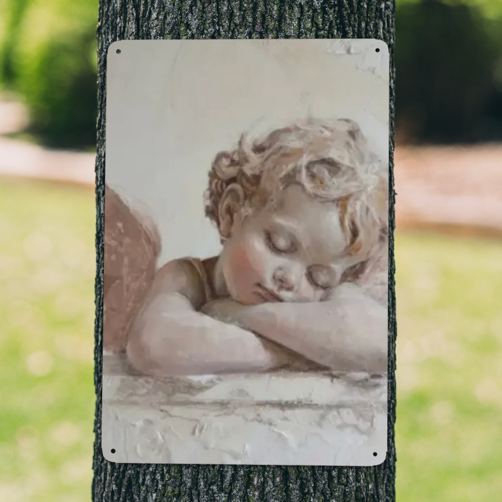 Vintage style garden sign featuring a sleeping cherub angel illustration.