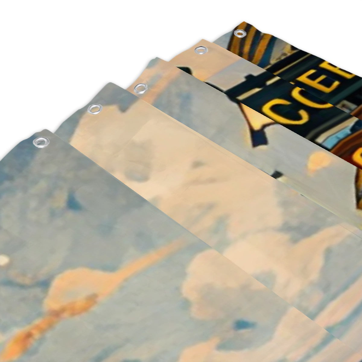 Close-up of a decorative garden flag with metal grommets and colorful graphic design.
