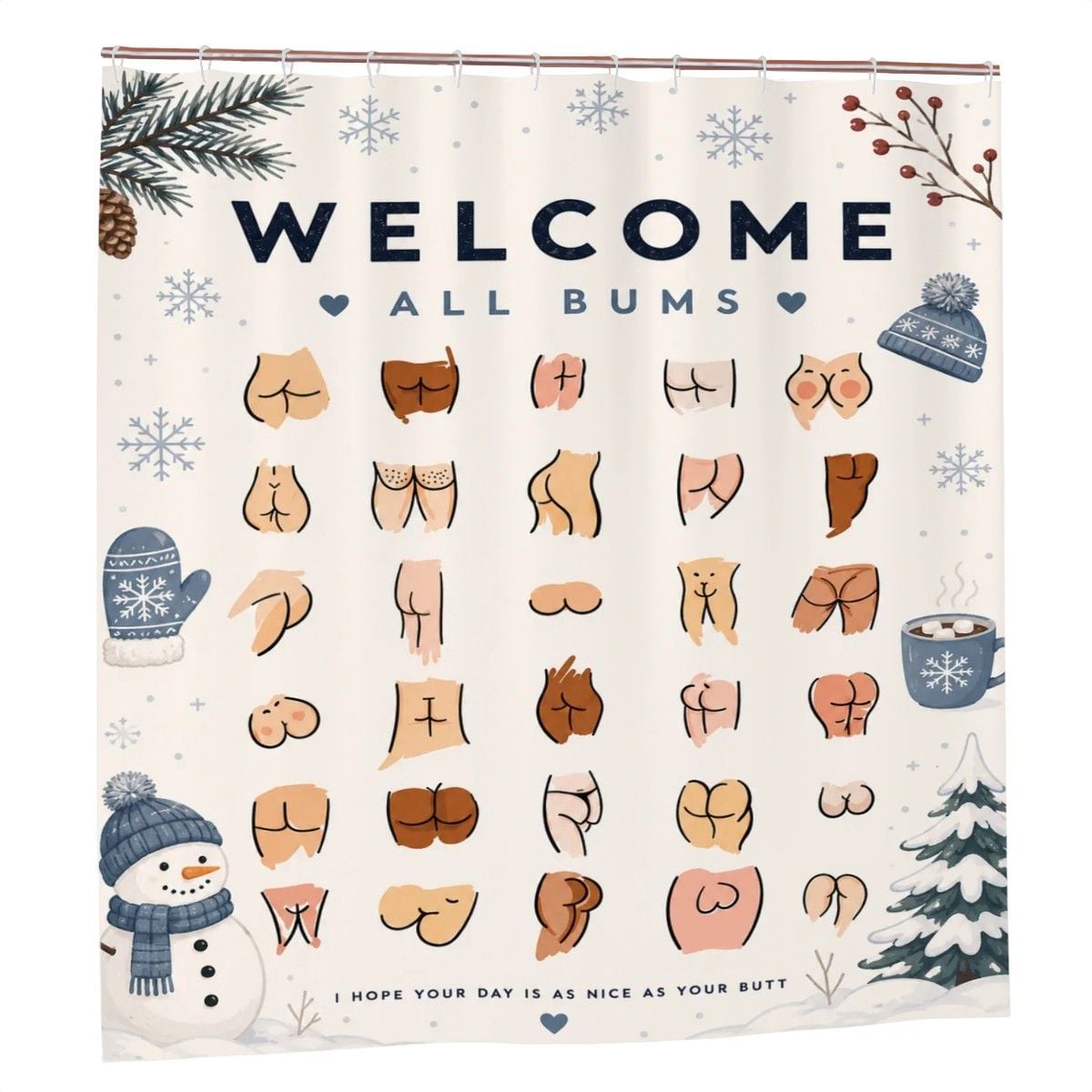 Funny Bum Print Shower Curtain – Seasonal Holiday Novelty Bathroom Decor Gag Gift