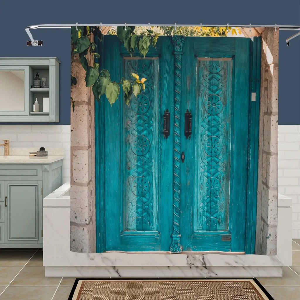 Turquoise carved door shower curtain with intricate patterns, ideal for bathroom decor by Sandy Beach