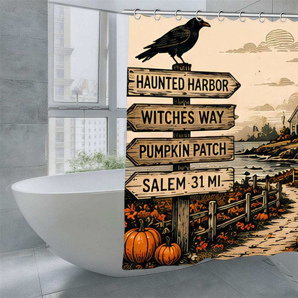 Halloween shower curtain with spooky wooden signs for Haunted Harbor and Witches Way.