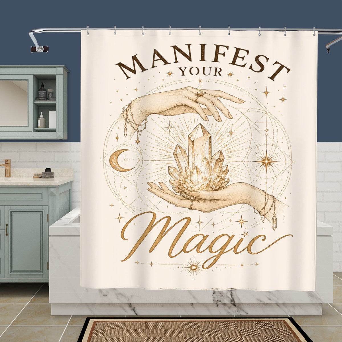 Sandy Beach bathroom decor shower curtain with ocean wave design, hanging on a shower rod in a modern bathroom setting.