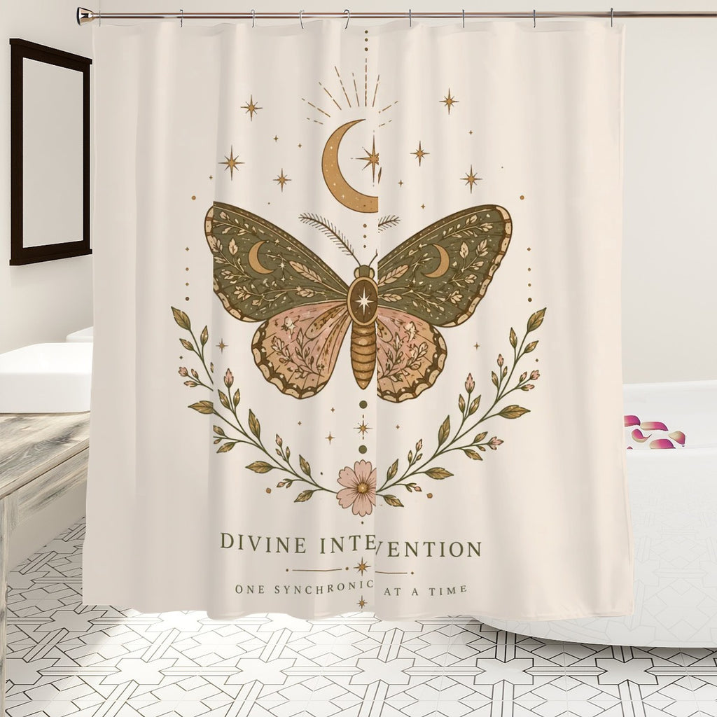 Divine Intervention Butterfly Shower Curtain by Sandy Beach featuring celestial and boho-inspired spiritual transformation bathroom decor.