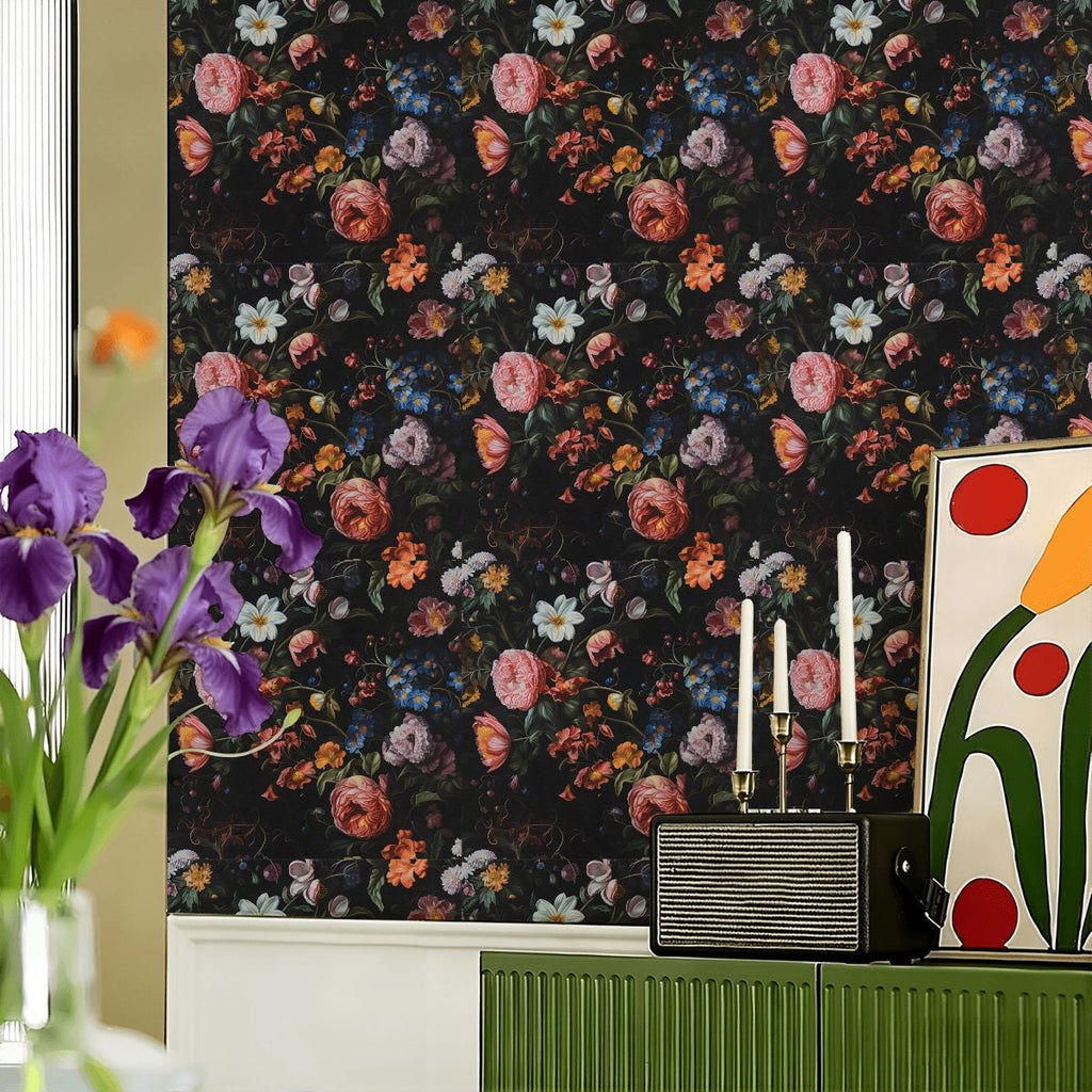 Dark floral wallpaper with vintage pink and blue roses on a black background.