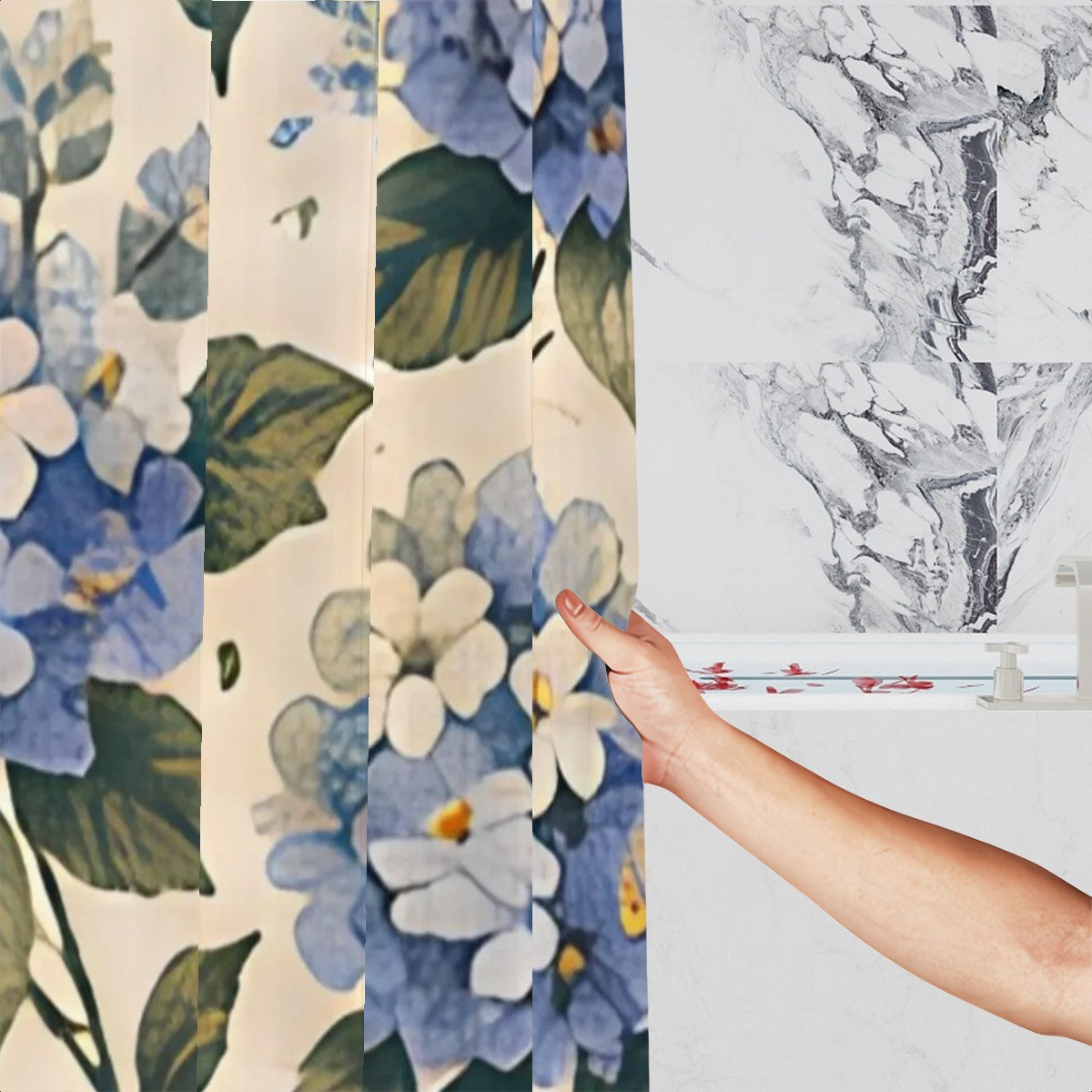 Floral shower curtain with blue and white flowers held against a marble bathroom wall.