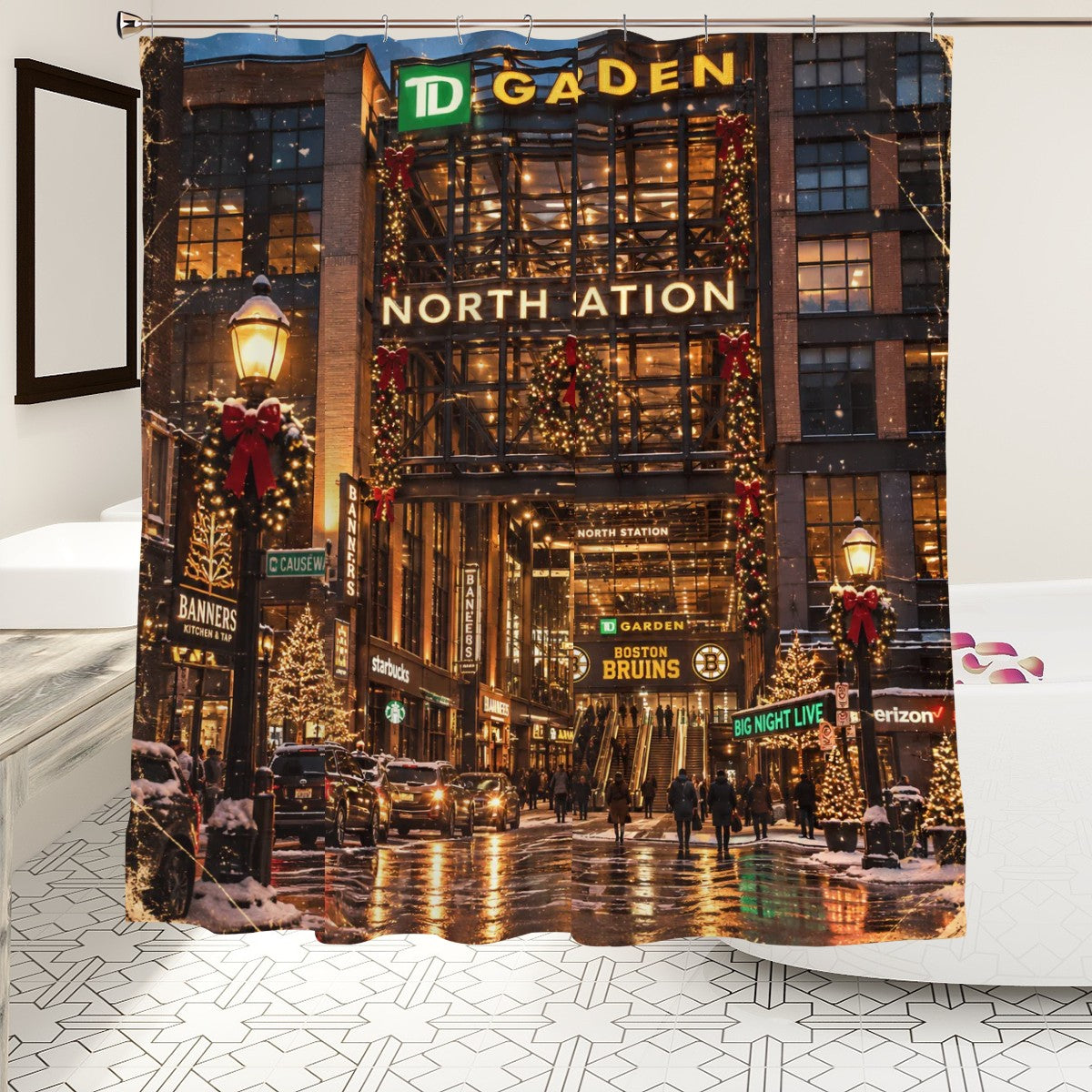 Boston North Station Christmas Shower Curtain | Holiday City Scene