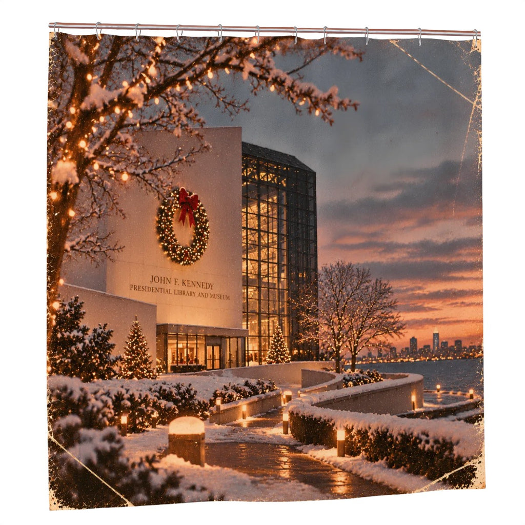 JFK Library Christmas Shower Curtain | Boston Waterfront Winter Scene