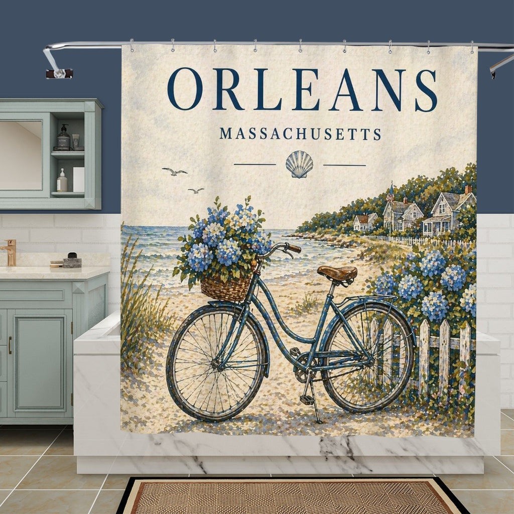 Sandy Beach bathroom decor shower curtain with ocean and sandy beach scene, hangs in a modern bathroom setting
