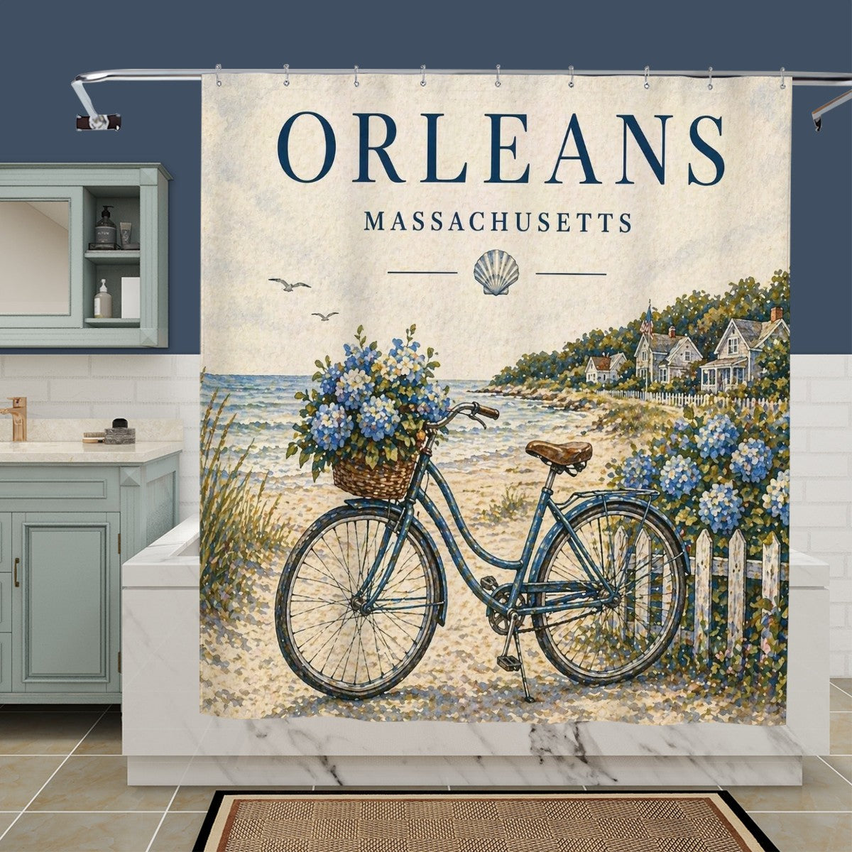 Sandy Beach bathroom decor shower curtain with ocean and sandy beach scene, hangs in a modern bathroom setting