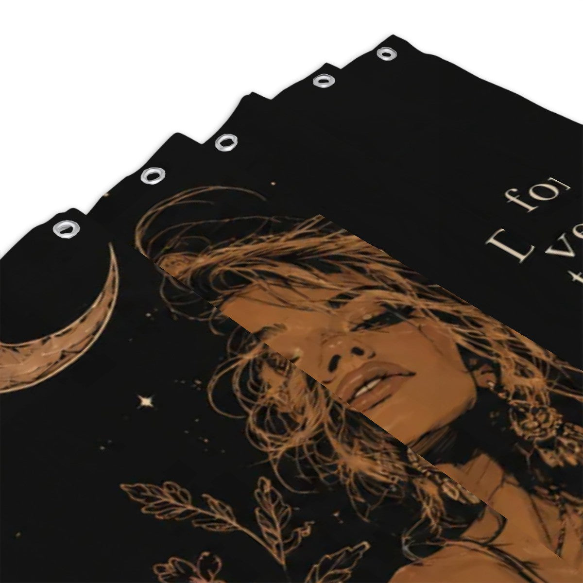 Black celestial shower curtain featuring a woman's face with moon and botanical illustrations.