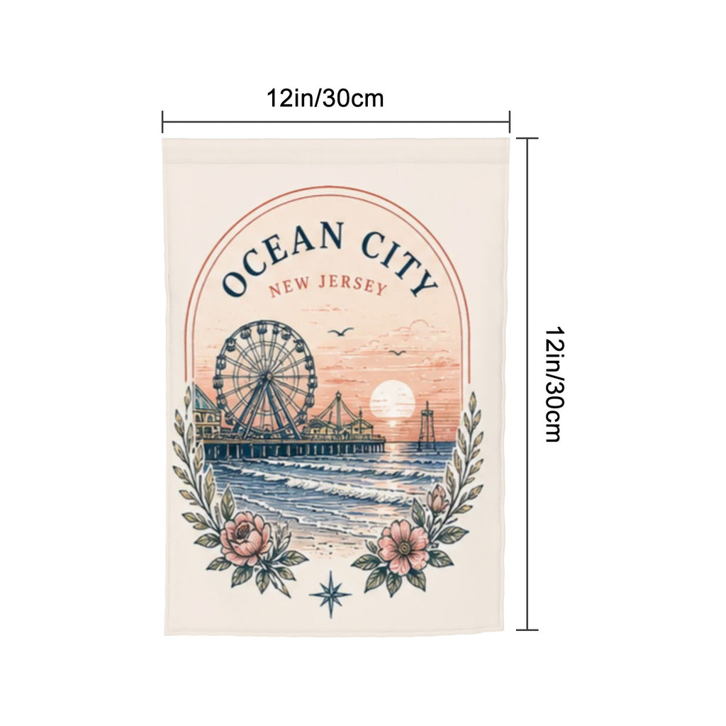 Colorful Sandy Beach garden flag yard decoration displayed outdoors, featuring vibrant patterns suitable for garden decor.
