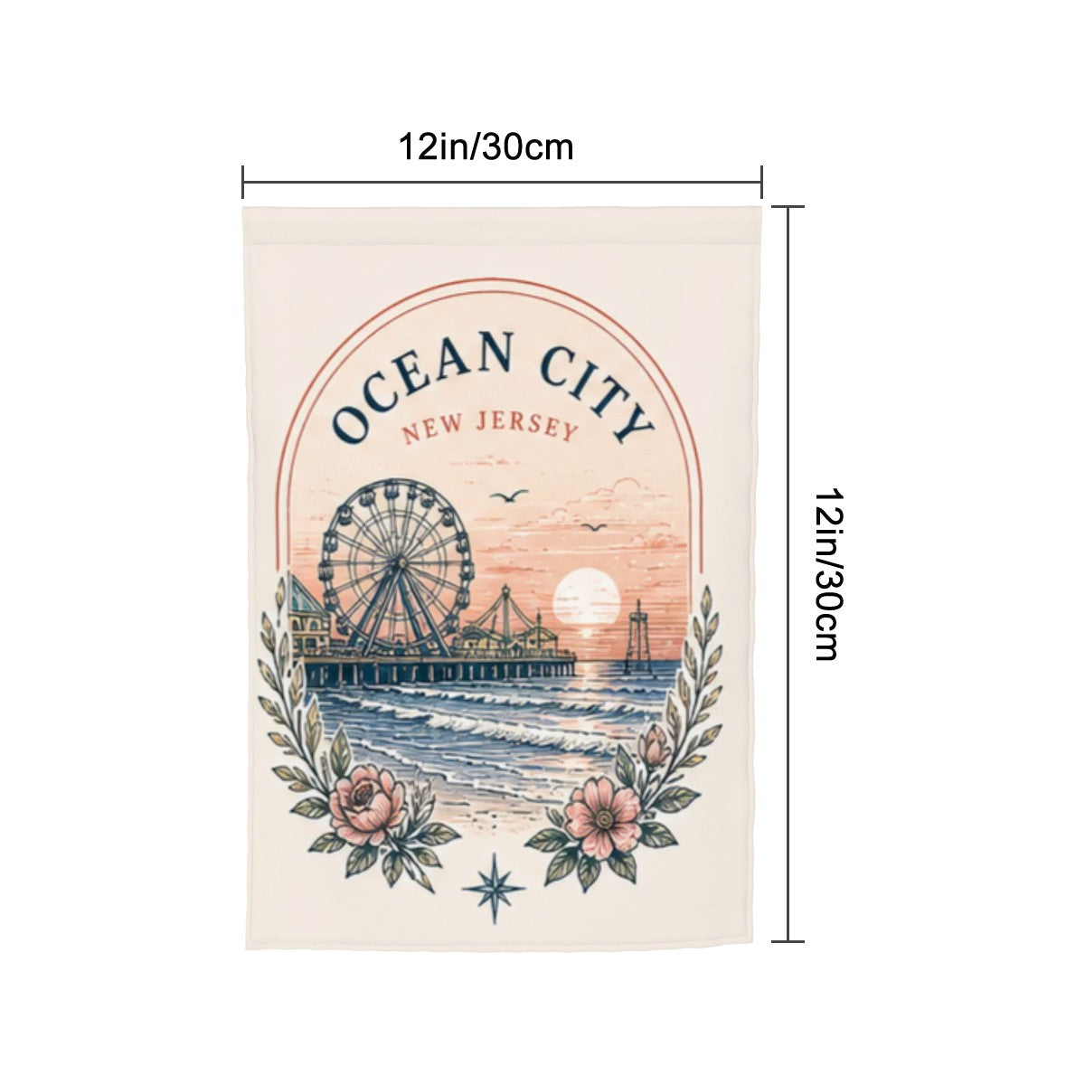 Colorful Sandy Beach garden flag yard decoration displayed outdoors, featuring vibrant patterns suitable for garden decor.