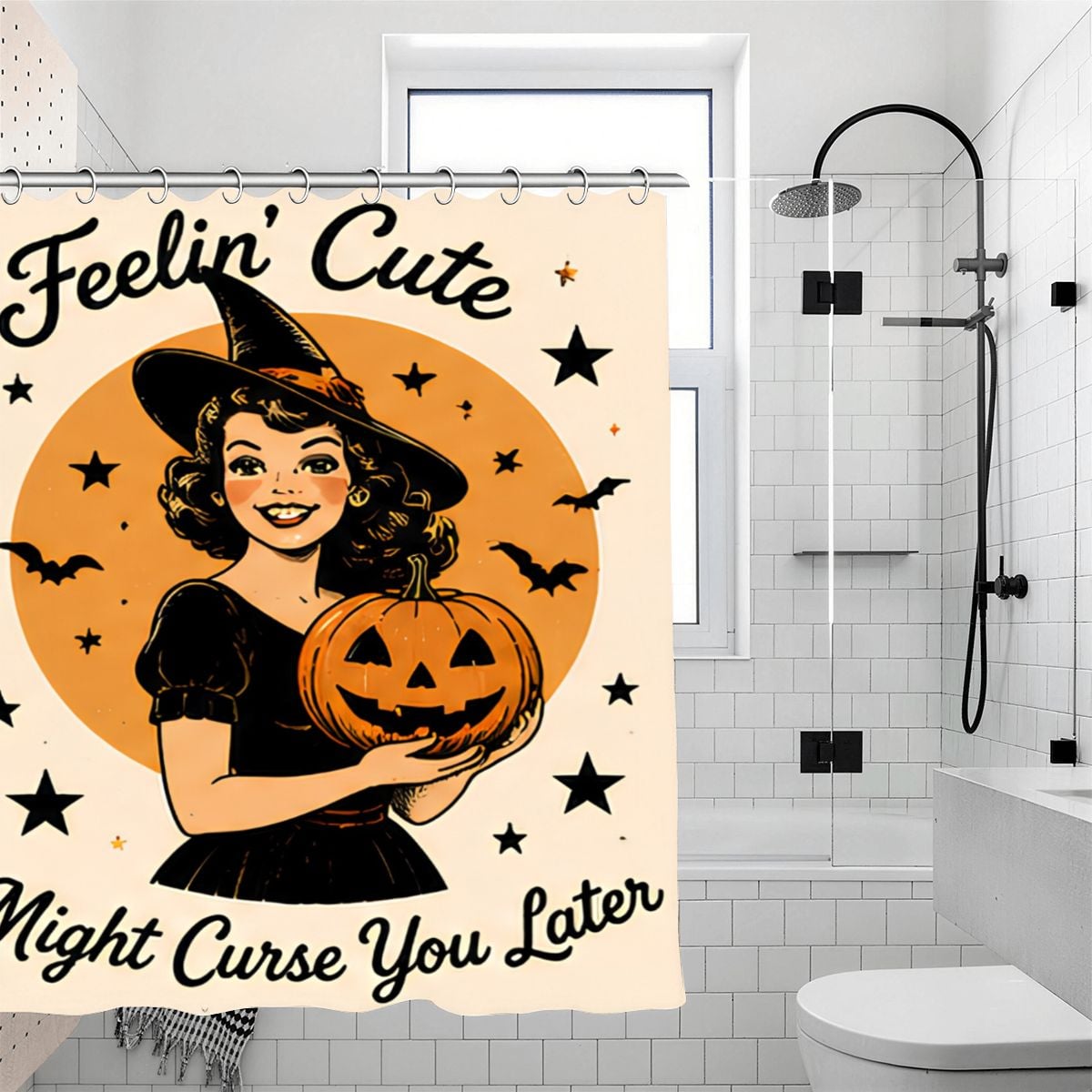 Halloween shower curtain featuring a cute witch holding a jack-o'-lantern pumpkin.