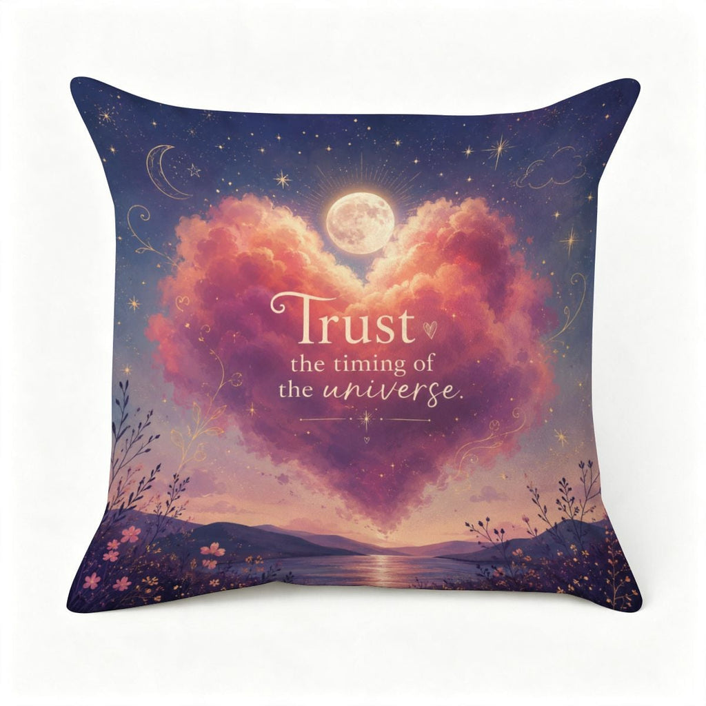 Decorative throw pillow featuring a heart-shaped pink cloud and moon with celestial text.