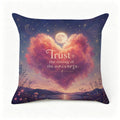 Decorative throw pillow featuring a heart-shaped pink cloud and moon with celestial text.