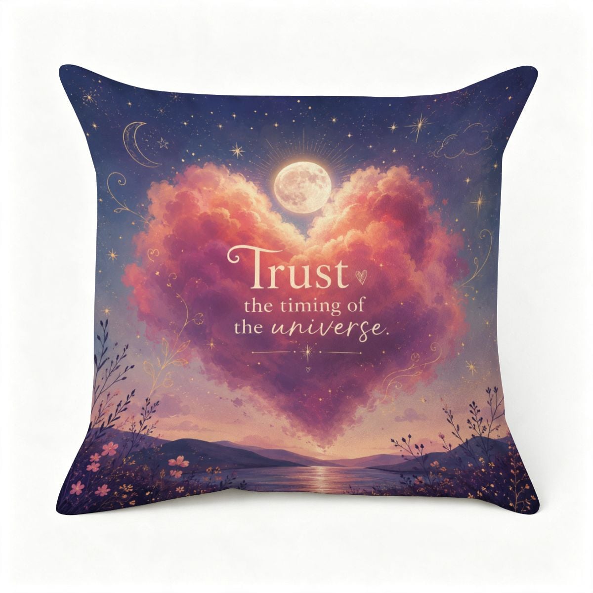 Decorative throw pillow featuring a heart-shaped pink cloud and moon with celestial text.