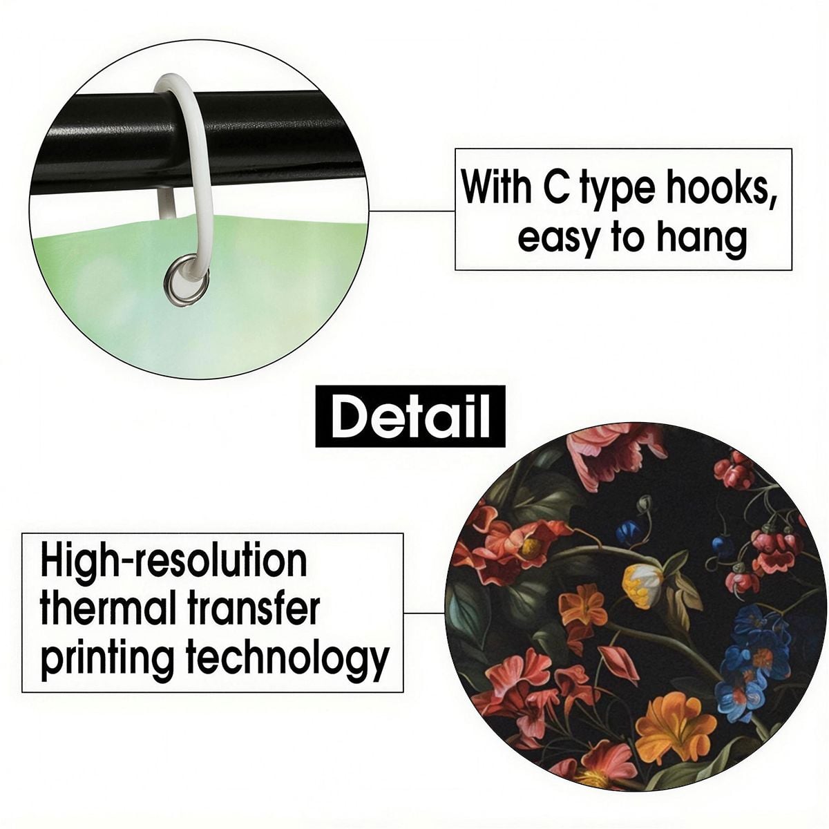 Close-up of C-type hooks for easy hanging and high-resolution floral print detail.