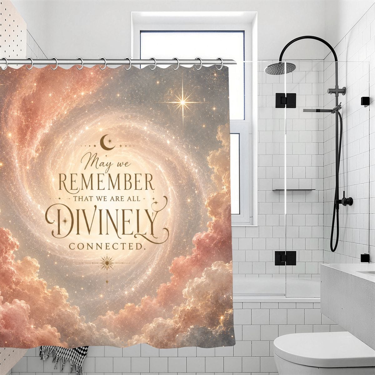 Celestial galaxy shower curtain with divine connection quote and starry nebula clouds.