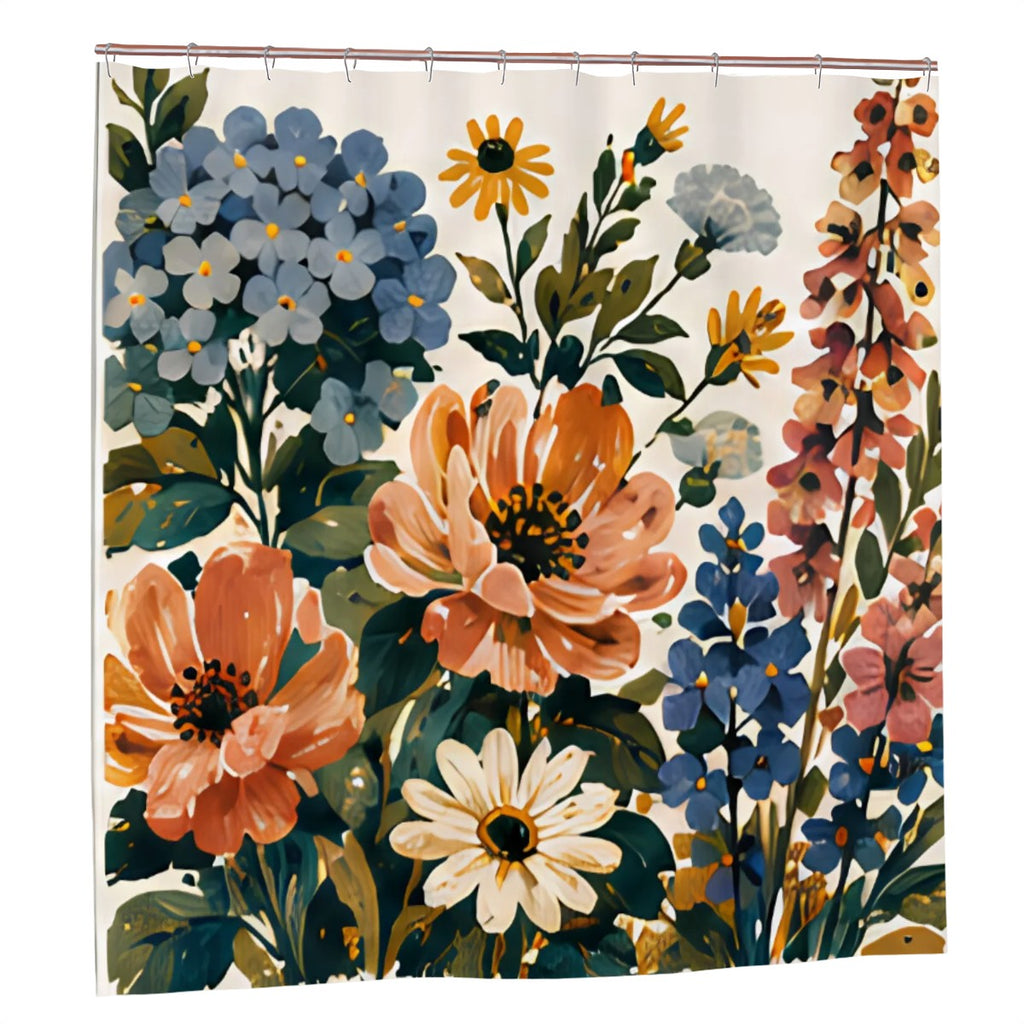Floral shower curtain with colorful wildflowers in blue, orange, and white tones.