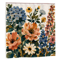 Floral shower curtain with colorful wildflowers in blue, orange, and white tones.