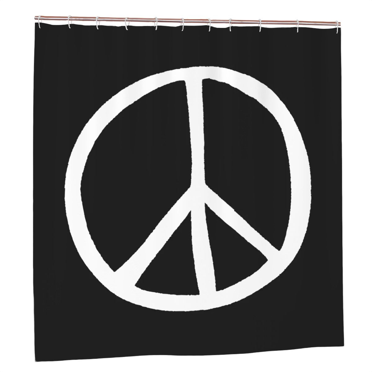 White peace symbol shower curtain for bathroom decor, featuring a bold peace sign in white on a neutral background.