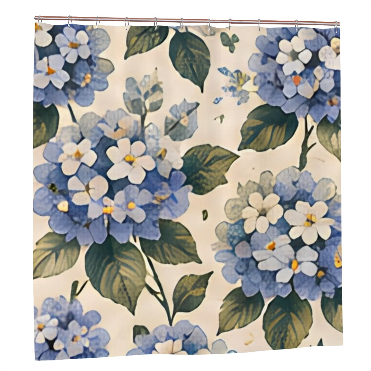 Blue hydrangea floral pattern shower curtain with green leaves on cream background
