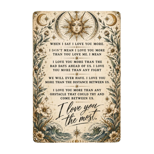 Vintage celestial metal sign with sun, moon, and floral motifs featuring romantic poetry.