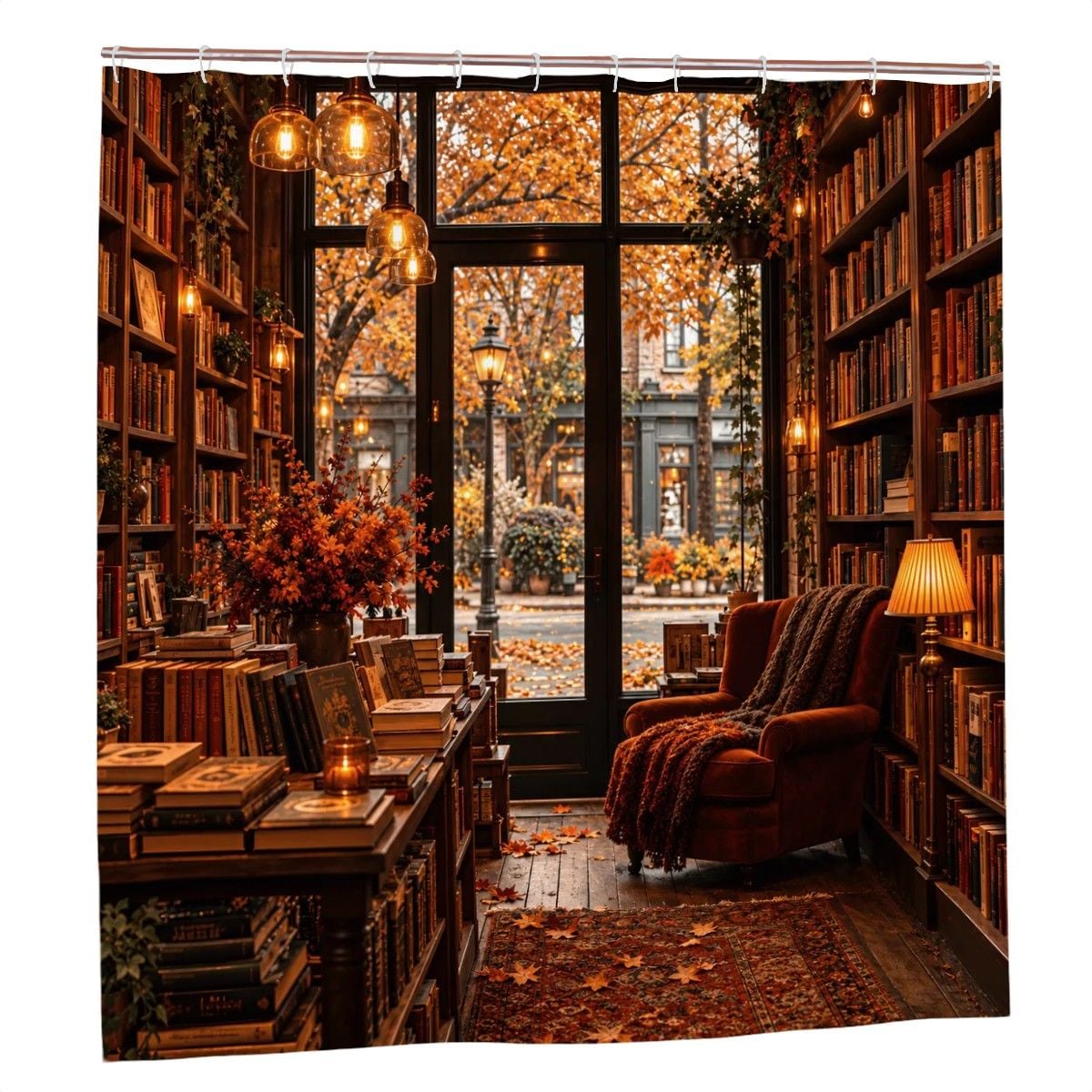 Autumn Bookstore Shower Curtain - 72" x 72" Waterproof Library Print