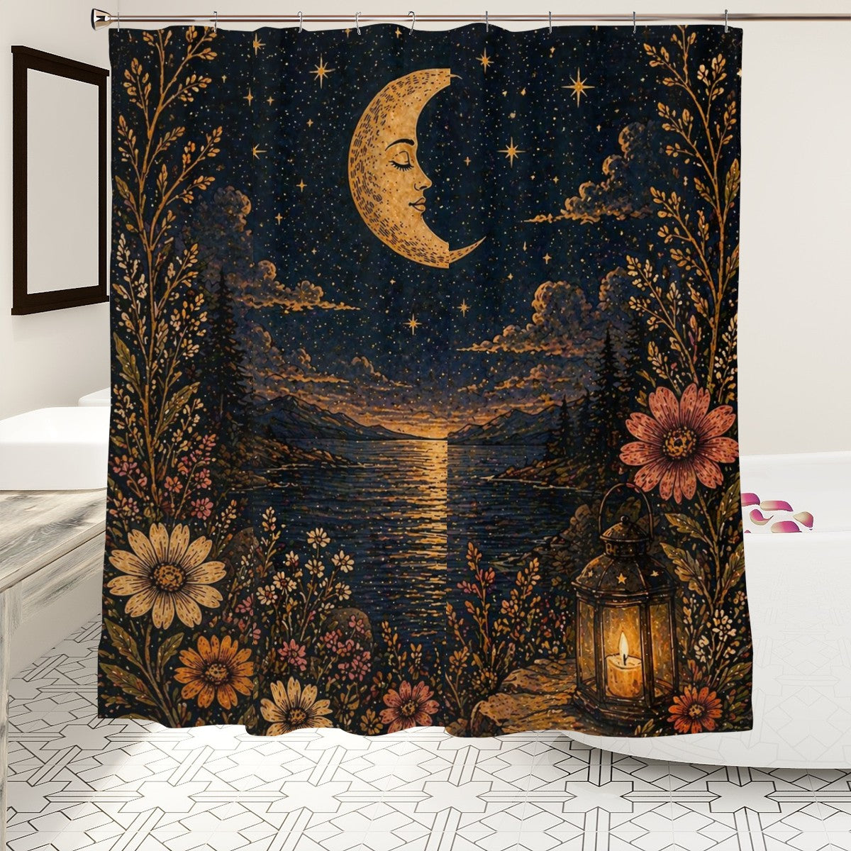 Sandy Beach bathroom decor shower curtain with tropical beach scene, waterproof fabric, hangs from metal grommets.