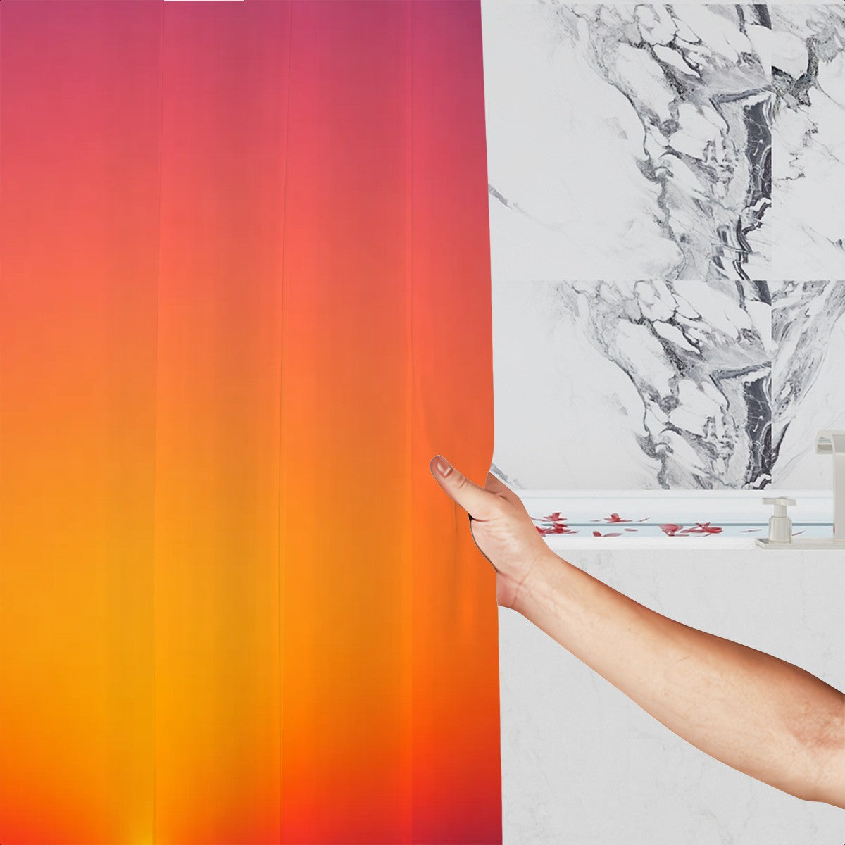Hand pulling back a vibrant orange and pink ombre gradient shower curtain in a marble bathroom.