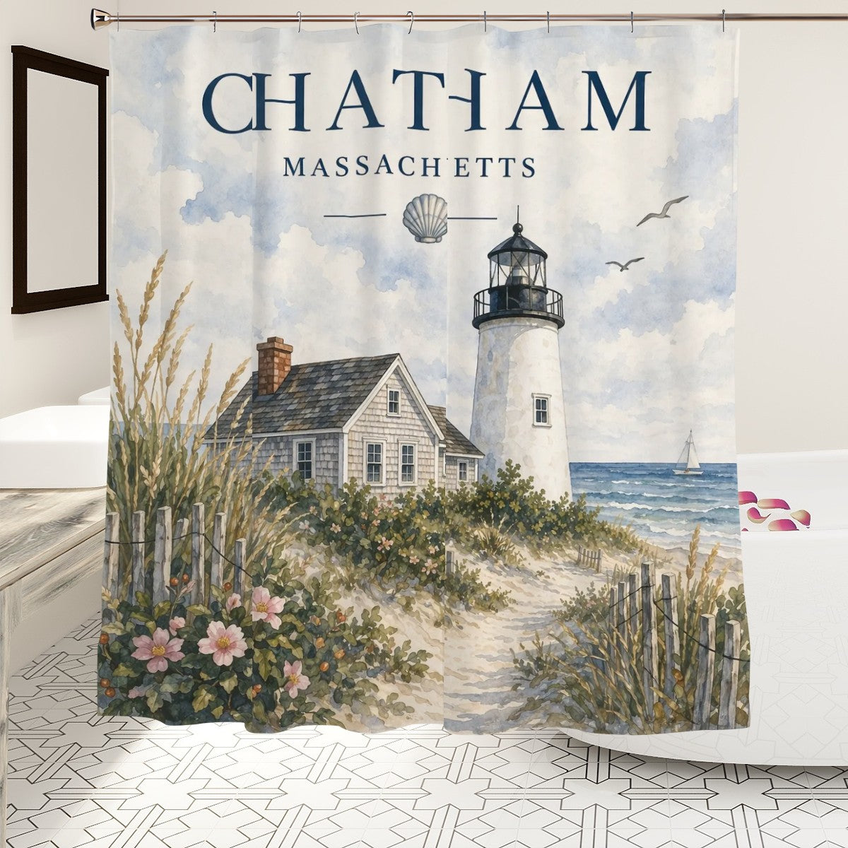 Sandy Beach bathroom decor shower curtain with ocean wave design hanging in a modern bathroom setting