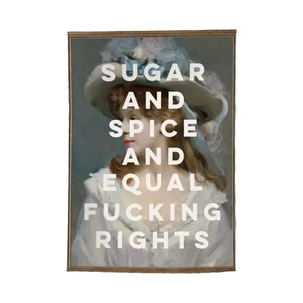 Sandy Beach garden decor flag with bold text reading "Sugar and Spice and Equal F*$king Rights" displayed outdoors