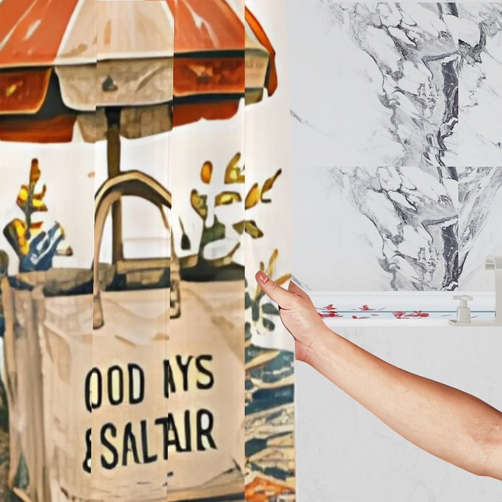 Beach themed shower curtain featuring an orange umbrella and tote bag in a marble bathroom.
