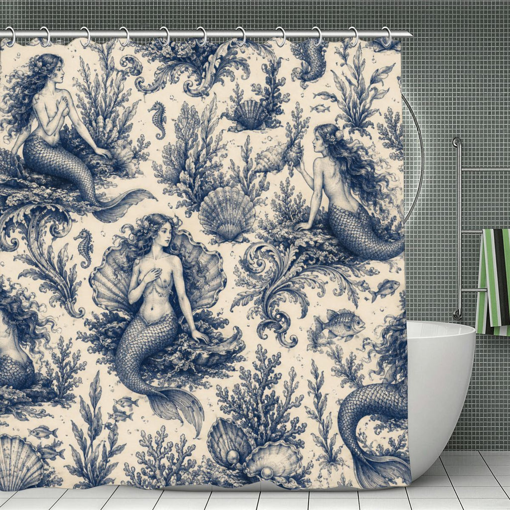 Vintage blue mermaid and seashell pattern shower curtain in a modern bathroom.