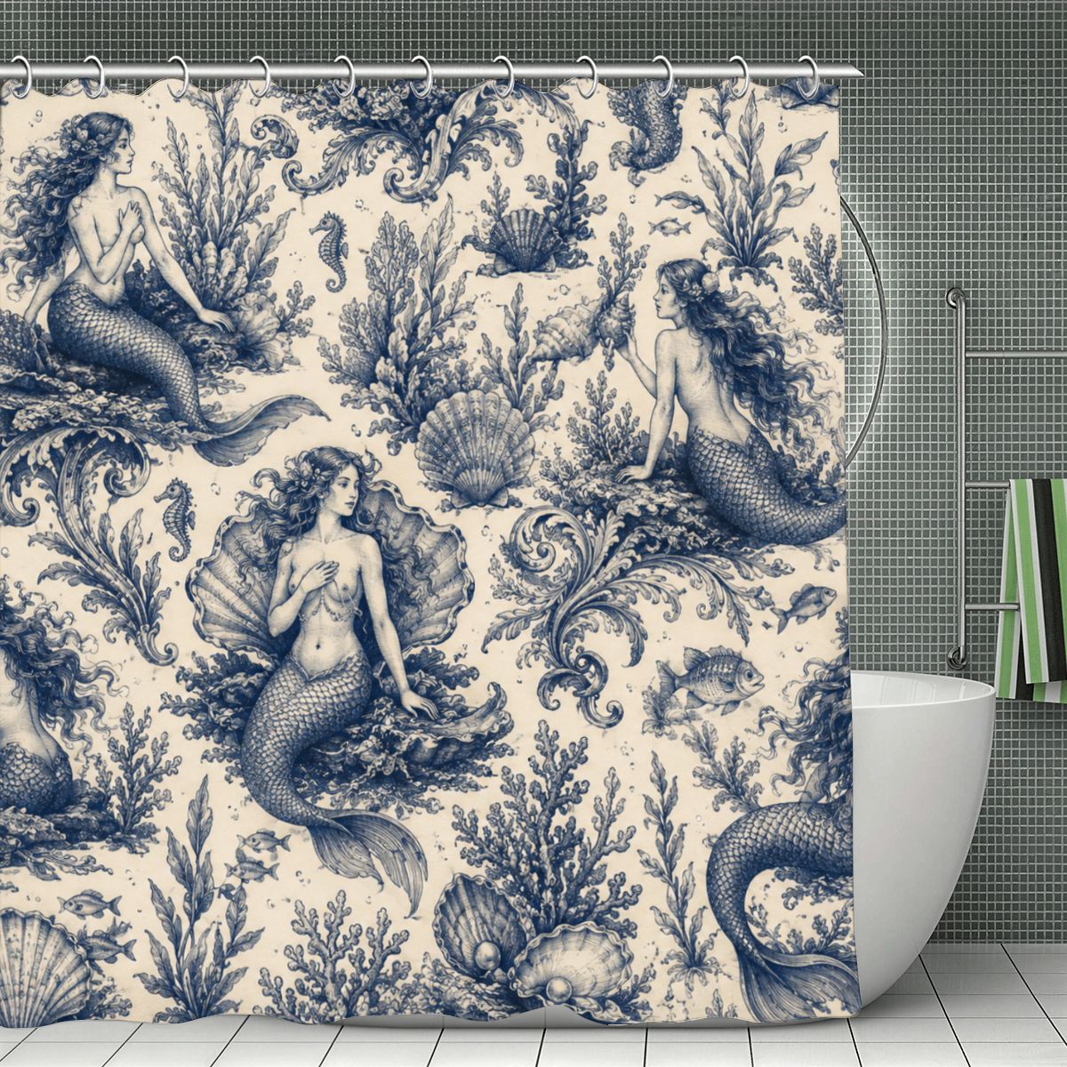 Vintage blue mermaid and seashell pattern shower curtain in a modern bathroom.
