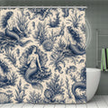 Blue vintage mermaid and seashell pattern shower curtain in a bathroom setting.