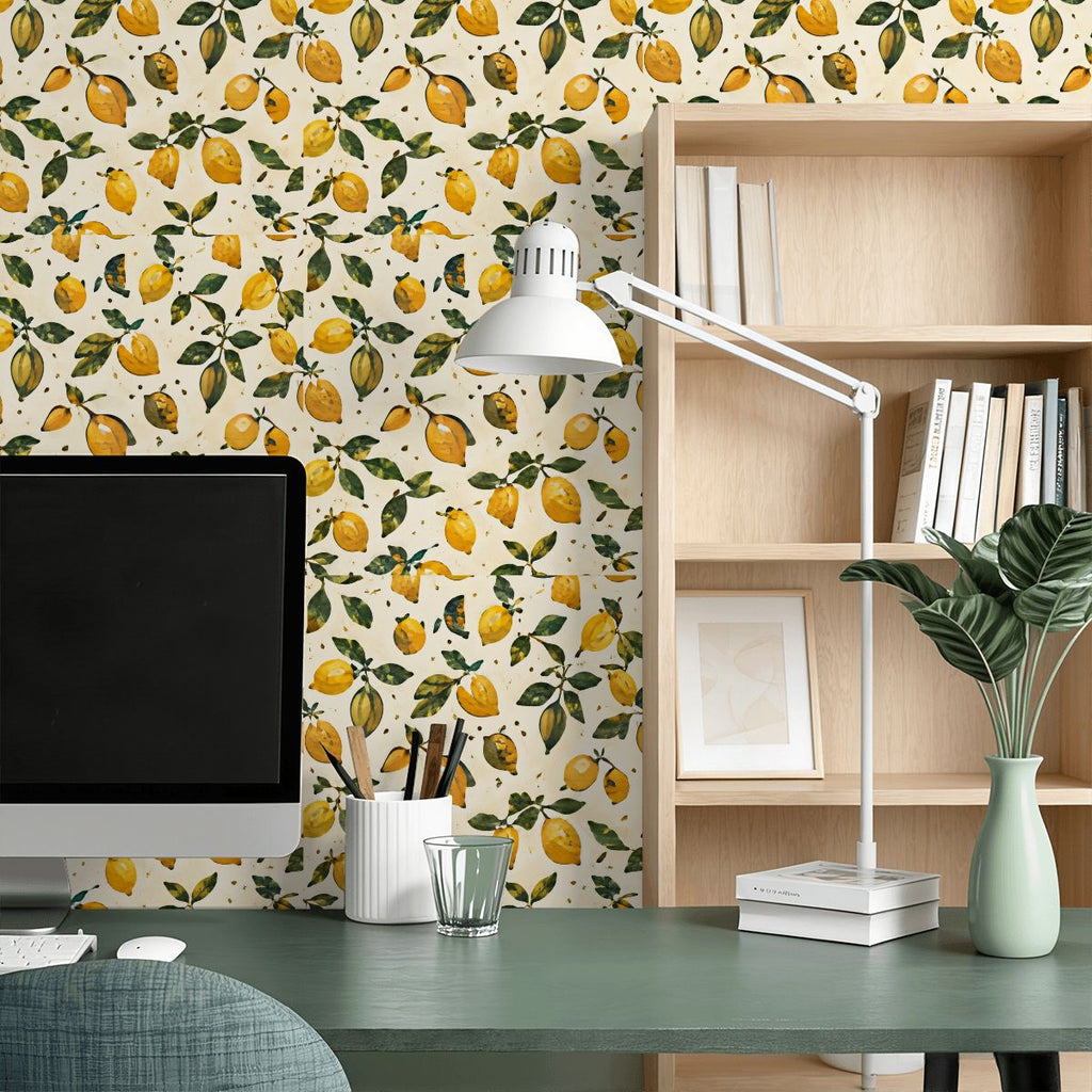 Home office desk with computer, white lamp, and lemon pattern wallpaper.