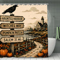 Halloween shower curtain featuring a spooky lighthouse, raven, and pumpkin patch landscape.