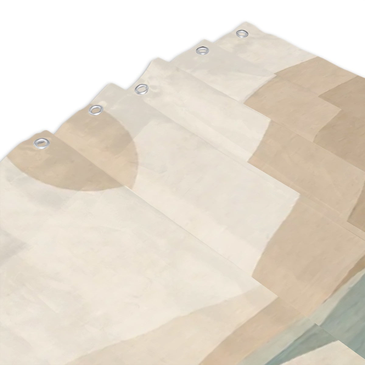 Abstract coastal shower curtain with neutral ocean tones, featuring modern beach-inspired art for boho bathroom decor.