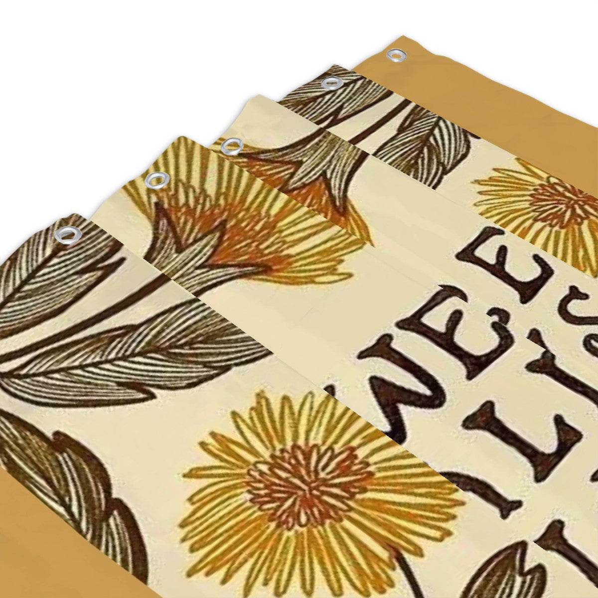 Floral patterned garden flag with yellow sunflowers and brown leaf accents.