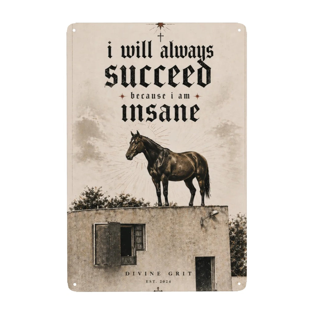 Vintage style metal sign with a black horse and motivational text 'i will always succeed'.