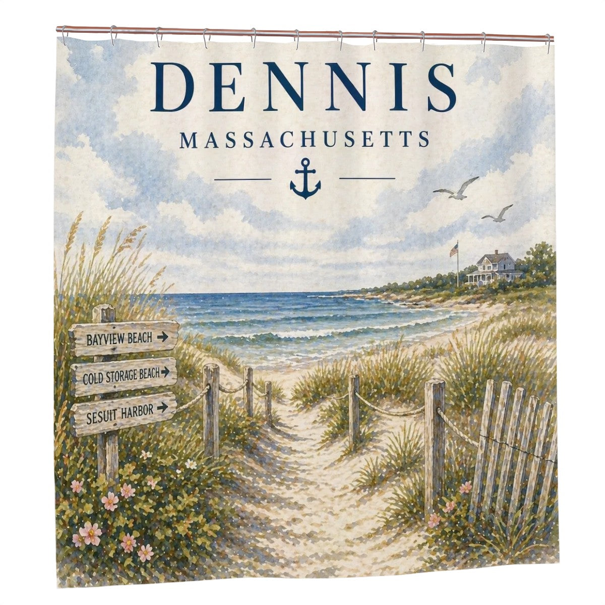 Sandy Beach bathroom decor shower curtain with beach and ocean scene, waterproof fabric, hanging hooks, and vibrant seaside design.