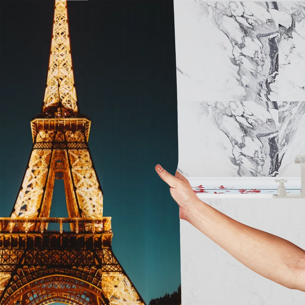 Sandy Beach Eiffel Tower Night Lights shower curtain with a nighttime cityscape design for bathroom decor