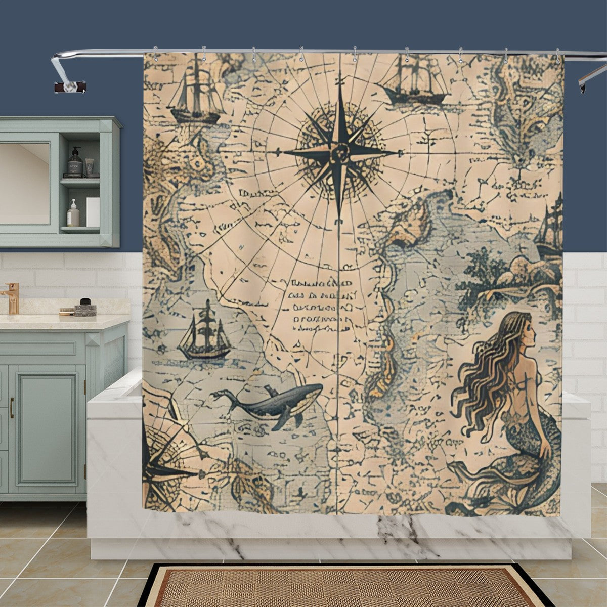 Vintage nautical map shower curtain featuring a compass rose, sea creatures, and a mermaid.