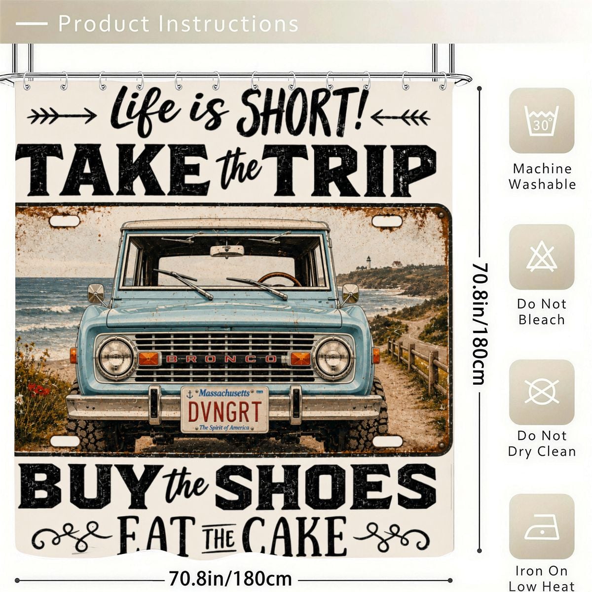 Vintage blue Bronco car on a beach with inspirational quote shower curtain.