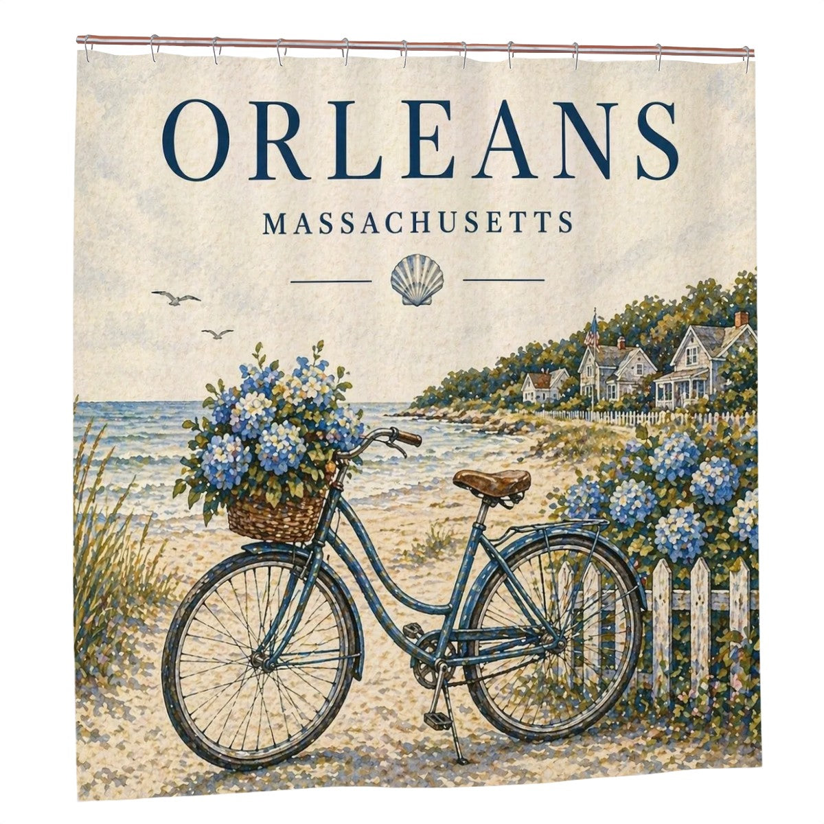 Sandy Beach bathroom decor shower curtain with ocean-themed design, hanging in a modern bathroom with tiled walls.