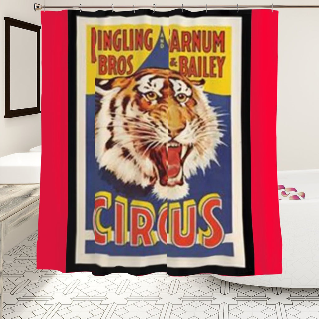 Sandy Beach Ringling Bros Barnum & Bailey Circus shower curtain featuring colorful circus performer and animal illustrations for bathroom decor.