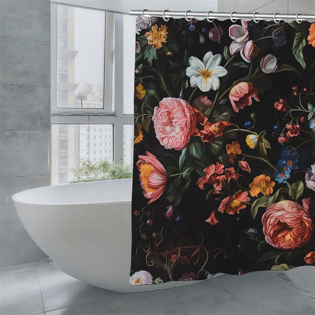 Dark floral shower curtain with large pink and white blooms hanging by a white bathtub.